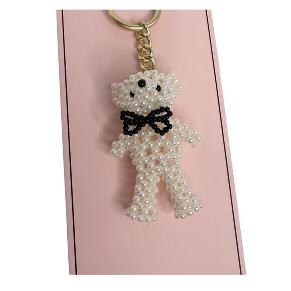 BcbGeneration Teddy Bear Bag Charm Pearls White Black Bow Handbag Key Ring New - Picture 9 of 9